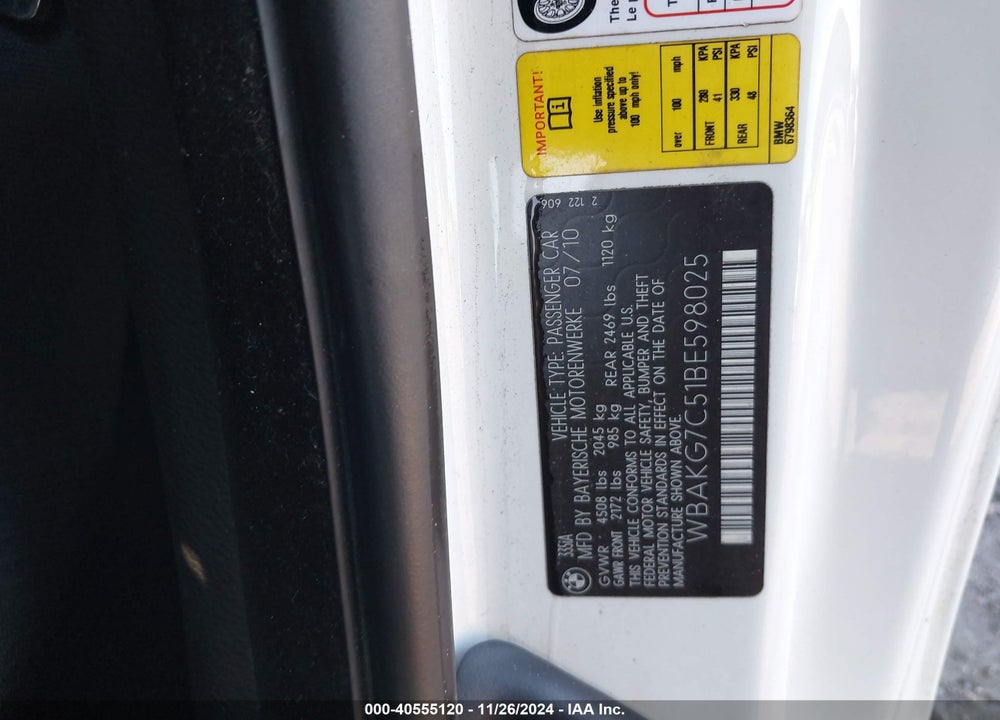 2011 BMW 335I VIN: WBAKG7C51BE598025