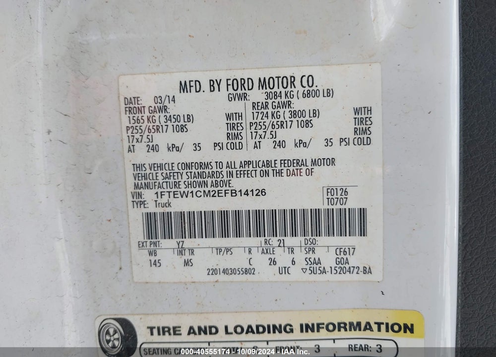 2014 FORD F-150 XLT VIN: 1FTEW1CM2EFB14126