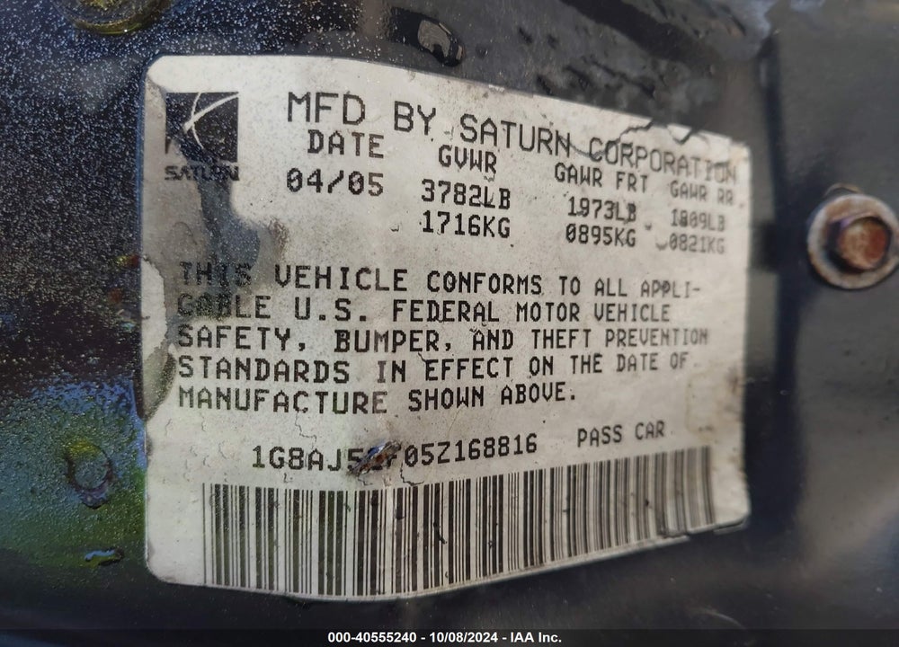 2005 SATURN ION 2 VIN: 1G8AJ52F05Z168816