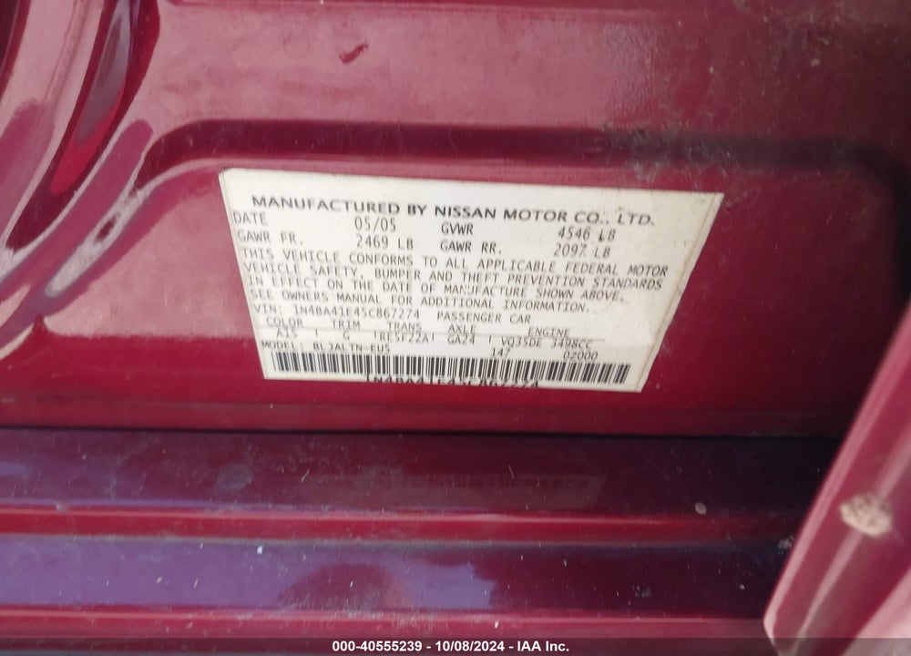 2005 NISSAN MAXIMA 3.5 SE VIN: 1N4BA41E45C867274