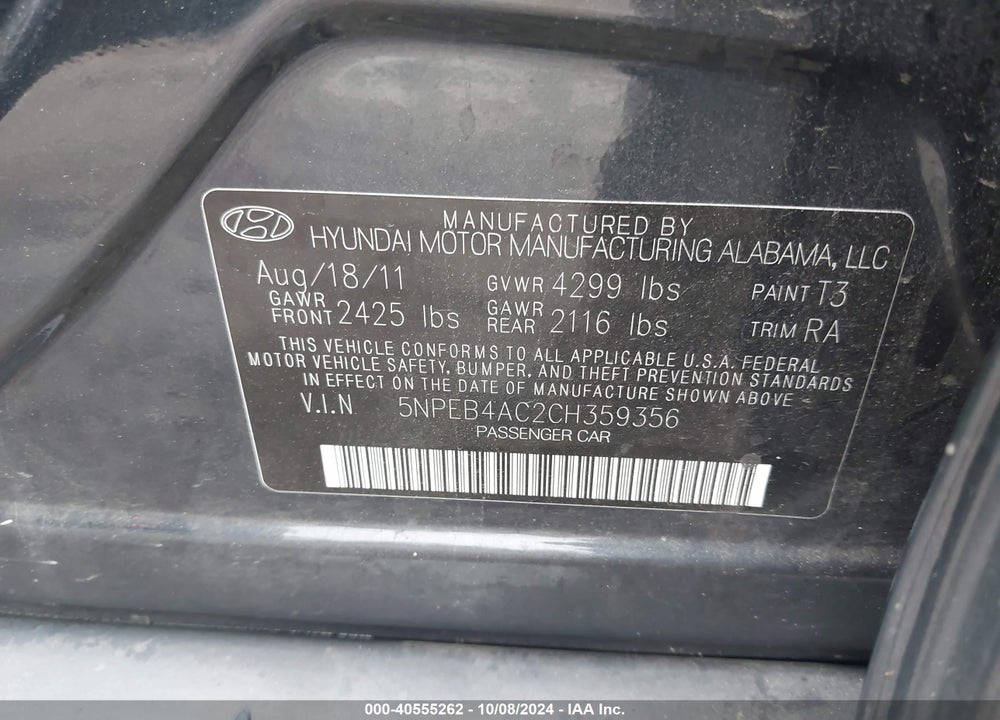 2012 HYUNDAI SONATA GLS VIN: 5NPEB4AC2CH359356