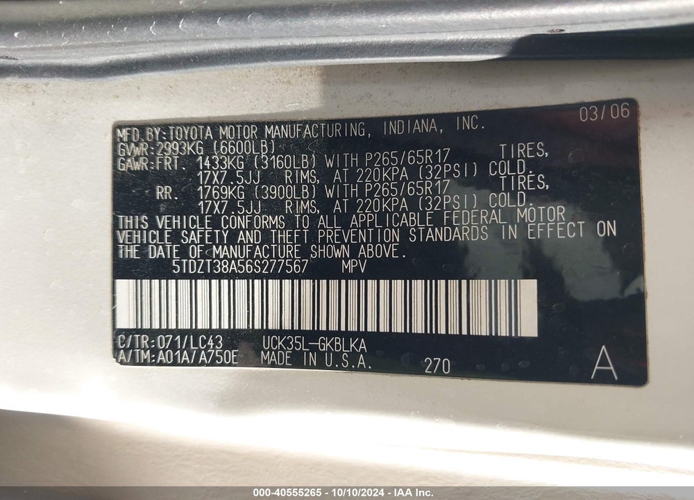 2006 TOYOTA SEQUOIA LIMITED V8 VIN: 5TDZT38A56S277567