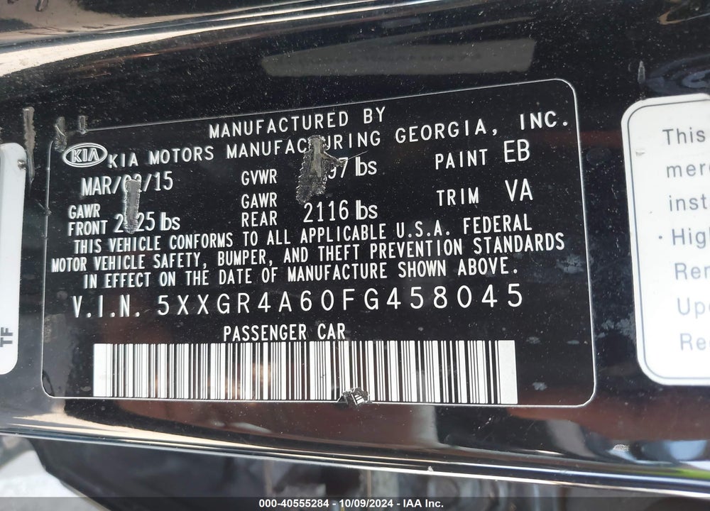2015 KIA OPTIMA VIN: 5XXGR4A60FG458045