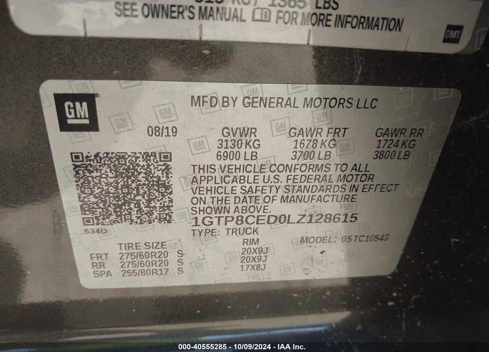 2020 GMC SIERRA 1500 VIN: 1GTP8CED0LZ128615