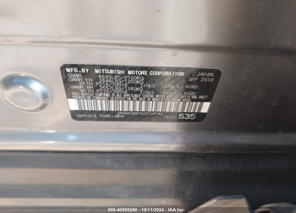 2019 MITSUBISHI ECLIPSE CROSS ES VIN: JA4AS3AA1KZ014182