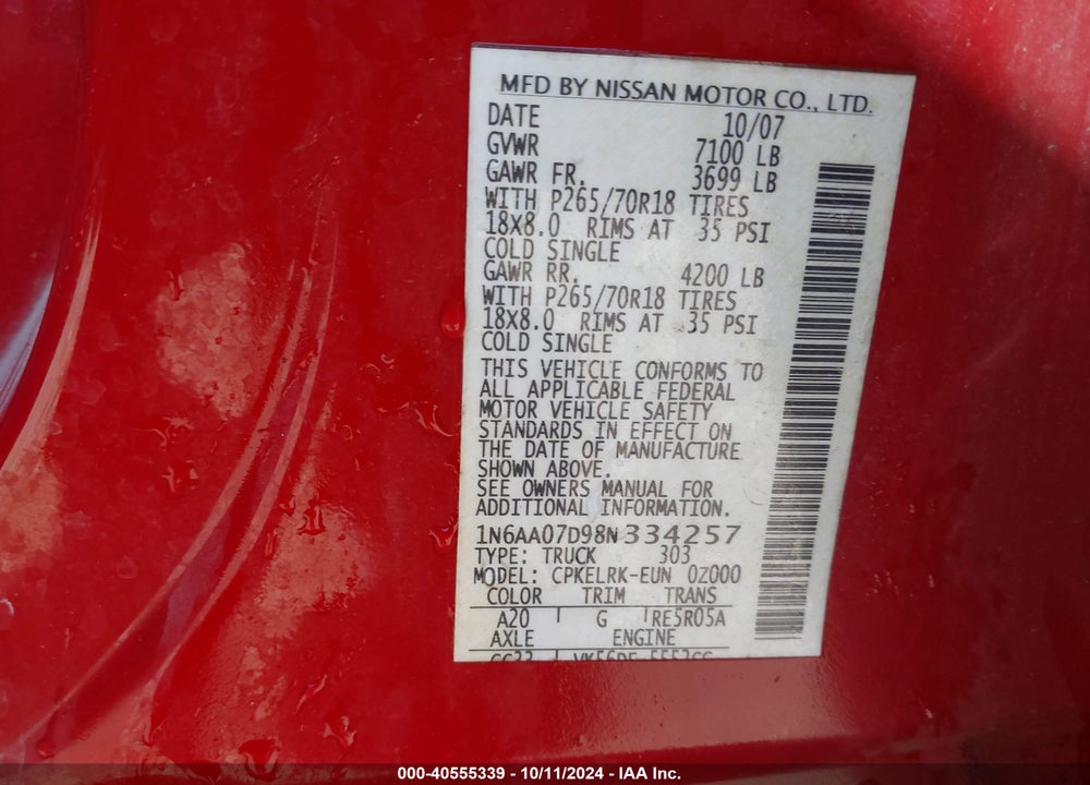 2008 NISSAN TITAN XE VIN: 1N6AA07D98N334257