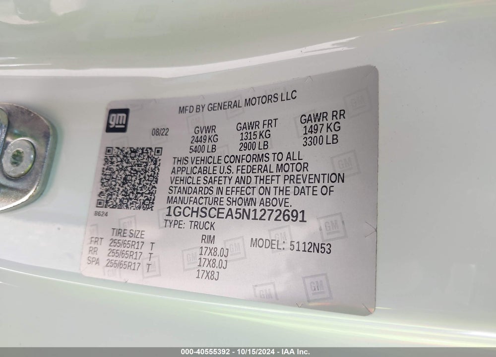 2022 CHEVROLET COLORADO 2WD LONG BOX LT VIN: 1GCHSCEA5N1272691