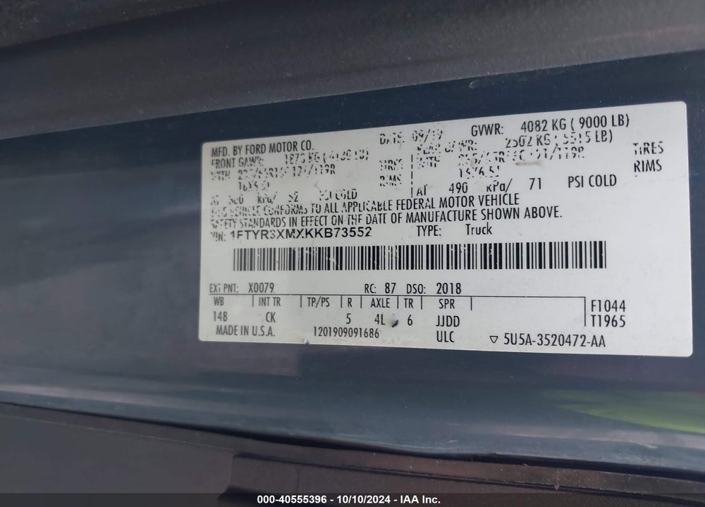 2019 FORD TRANSIT-250 VIN: 1FTYR3XMXKKB73552