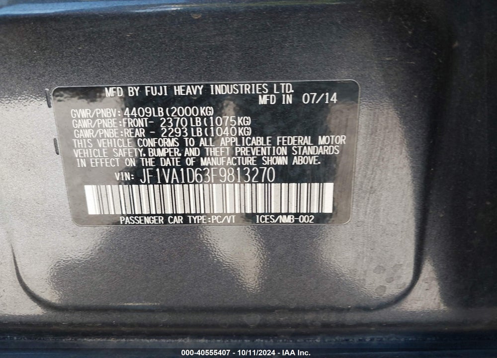 2015 SUBARU WRX PREMIUM VIN: JF1VA1D63F9813270