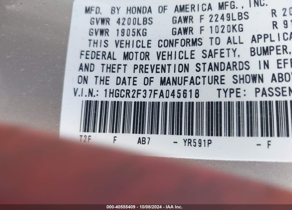 2015 HONDA ACCORD LX VIN: 1HGCR2F37FA045618