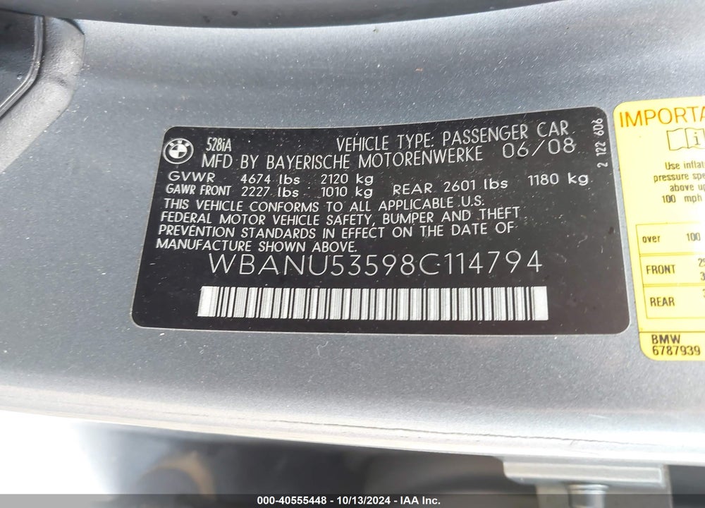 2008 BMW 528I VIN: WBANU53598C114794