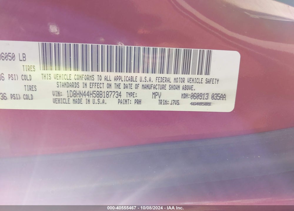 2008 DODGE GRAND CARAVAN SE VIN: 1D8HN44H58B187734