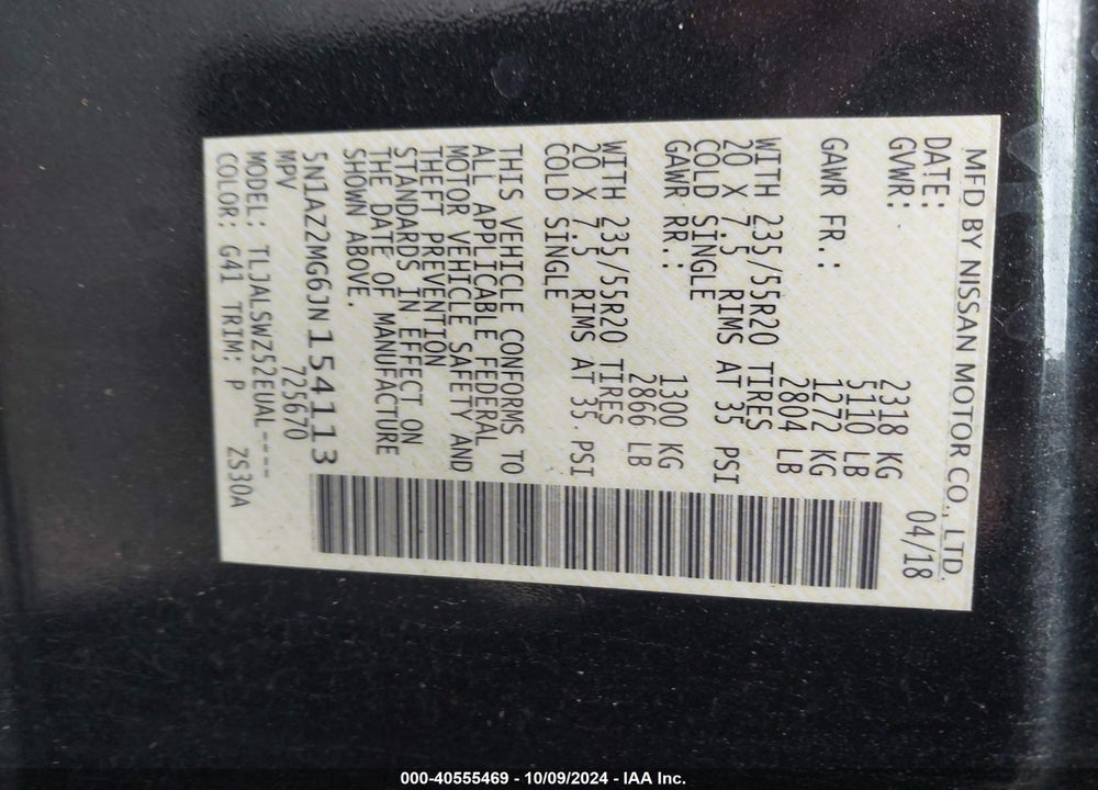 2018 NISSAN MURANO PLATINUM VIN: 5N1AZ2MG6JN154113