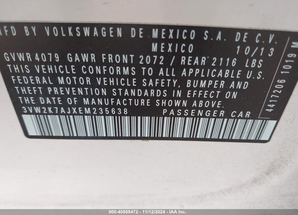 2014 VOLKSWAGEN JETTA 2.0L S VIN: 3VW2K7AJXEM235638