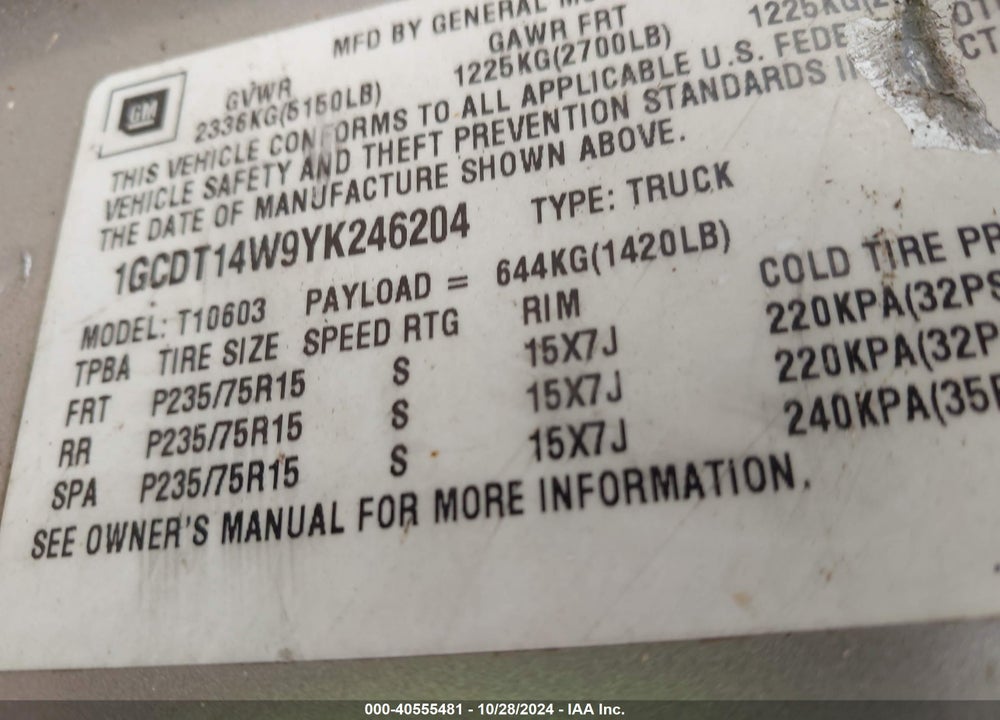 2000 CHEVROLET S-10 LS VIN: 1GCDT14W9YK246204