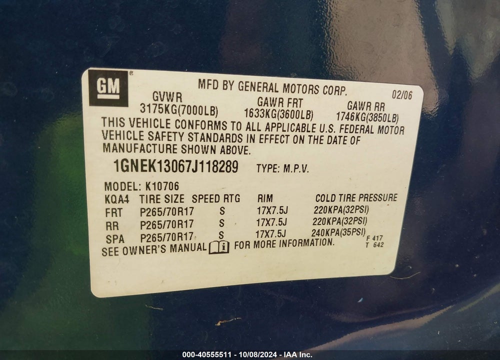 2007 CHEVROLET TAHOE LT VIN: 1GNEK13067J118289