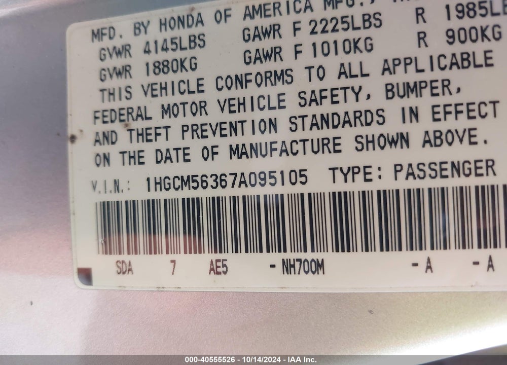 2007 HONDA ACCORD 2.4 SE VIN: 1HGCM56367A095105