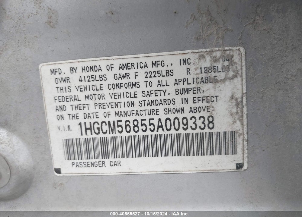 2005 HONDA ACCORD 2.4 EX VIN: 1HGCM56855A009338