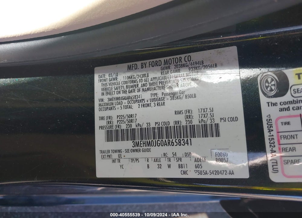 2010 MERCURY MILAN PREMIER VIN: 3MEHM0JG0AR658341
