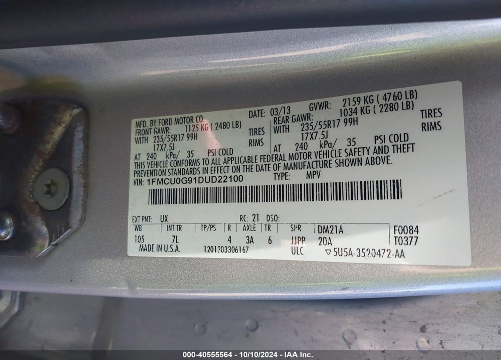 2013 FORD ESCAPE SE VIN: 1FMCU0G91DUD22100