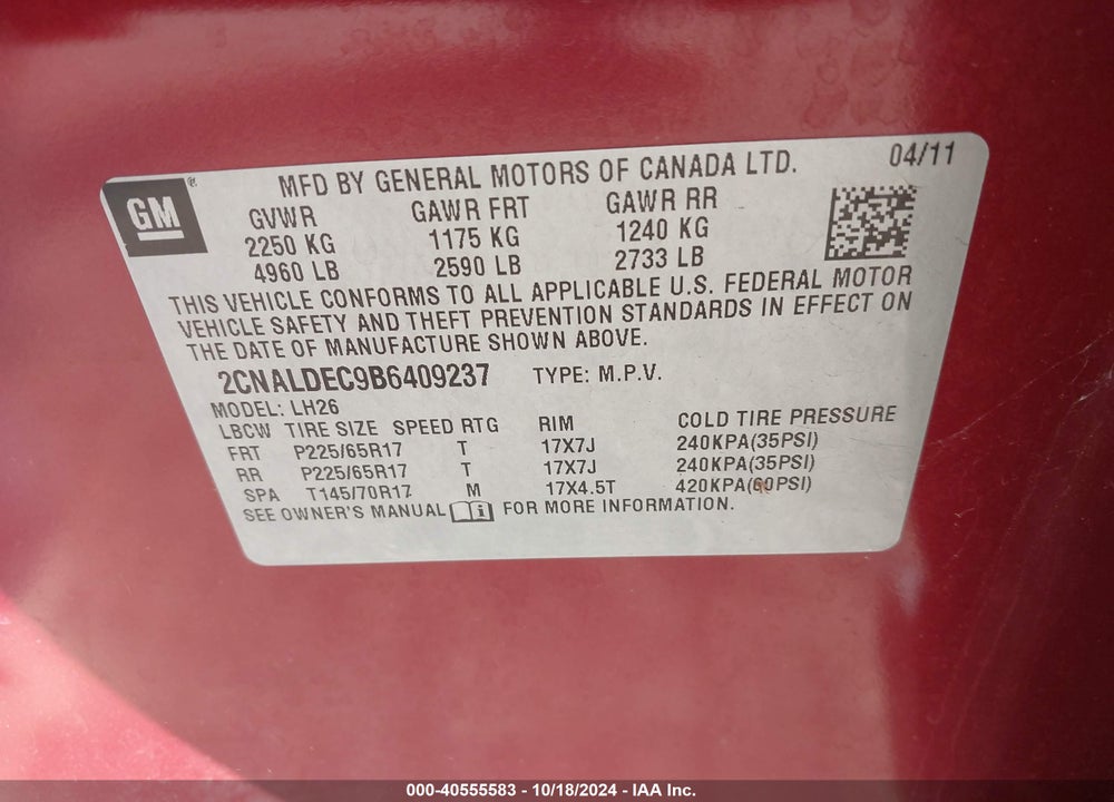 2011 CHEVROLET EQUINOX 1LT VIN: 2CNALDEC9B6409237