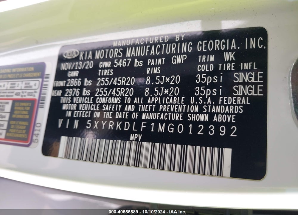 2021 KIA SORENTO SX PRESTIGE VIN: 5XYRKDLF1MG012392