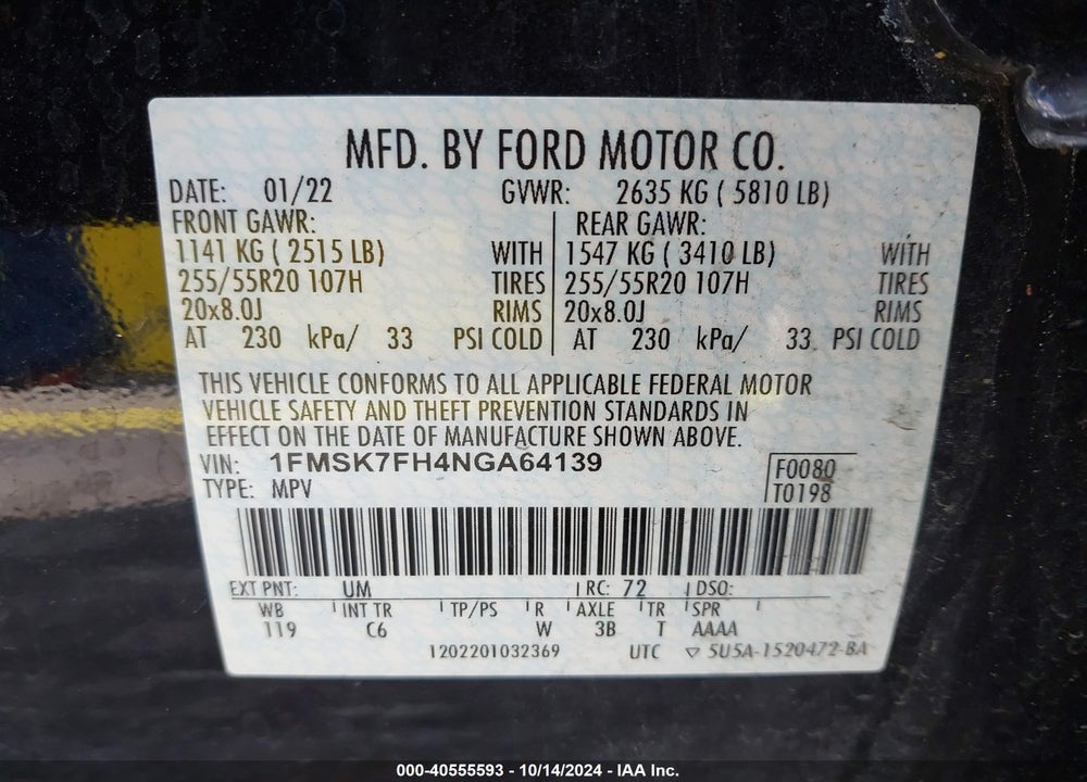 2022 FORD EXPLORER LIMITED VIN: 1FMSK7FH4NGA64139