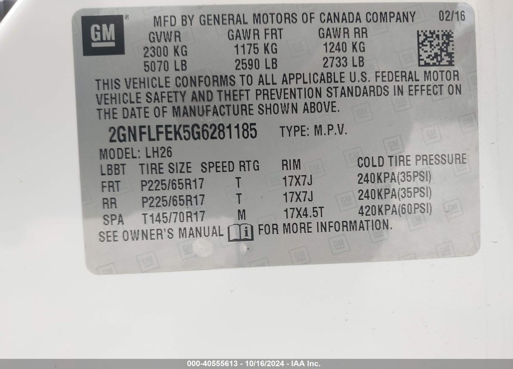 2016 CHEVROLET EQUINOX LT VIN: 2GNFLFEK5G6281185