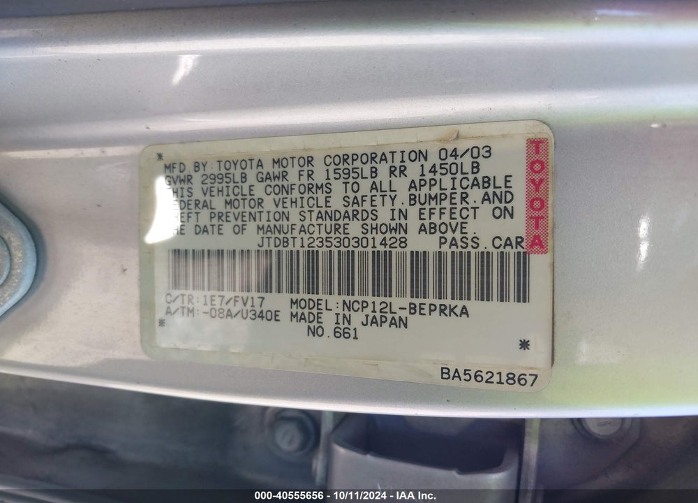 2003 TOYOTA ECHO VIN: JTDBT123530301428