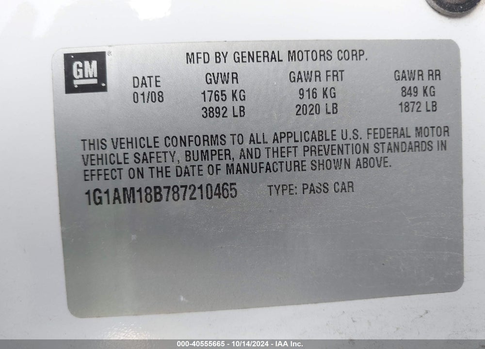 2008 CHEVROLET COBALT SPORT VIN: 1G1AM18B787210465