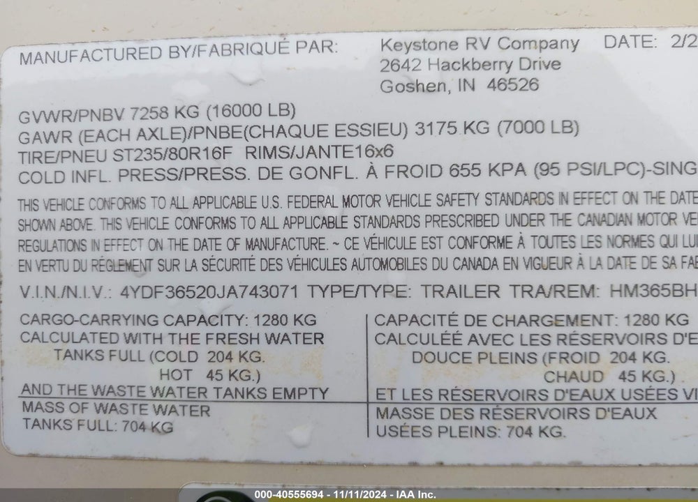 2018 KEYSTONE OTHER VIN: 4YDF36520JA743071