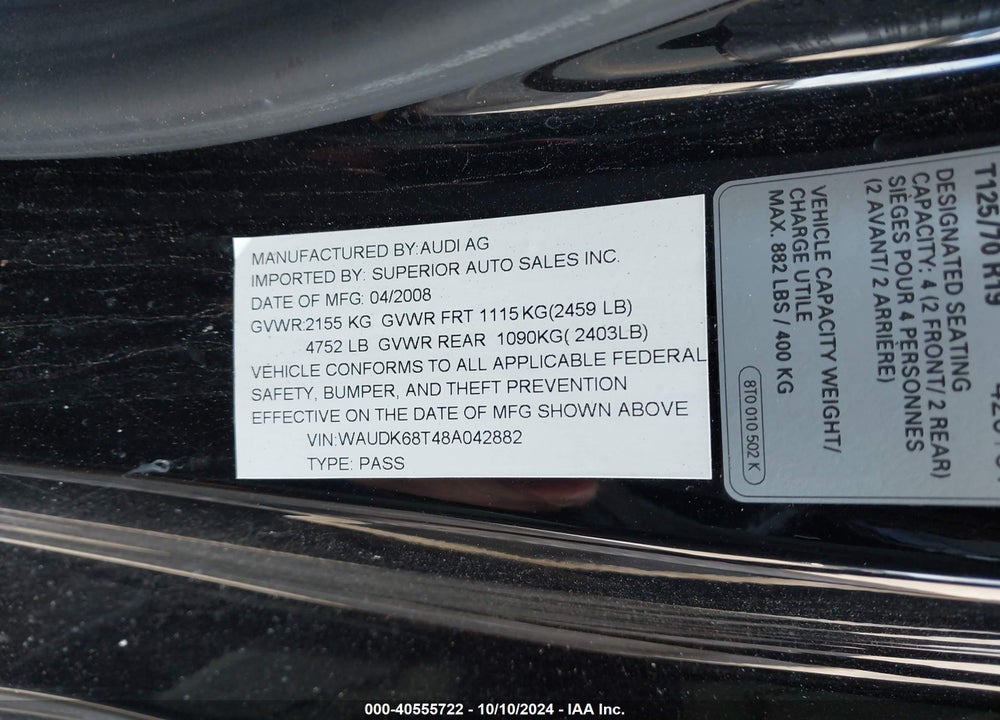 2008 AUDI A5 3.2L VIN: WAUDK68T48A042882