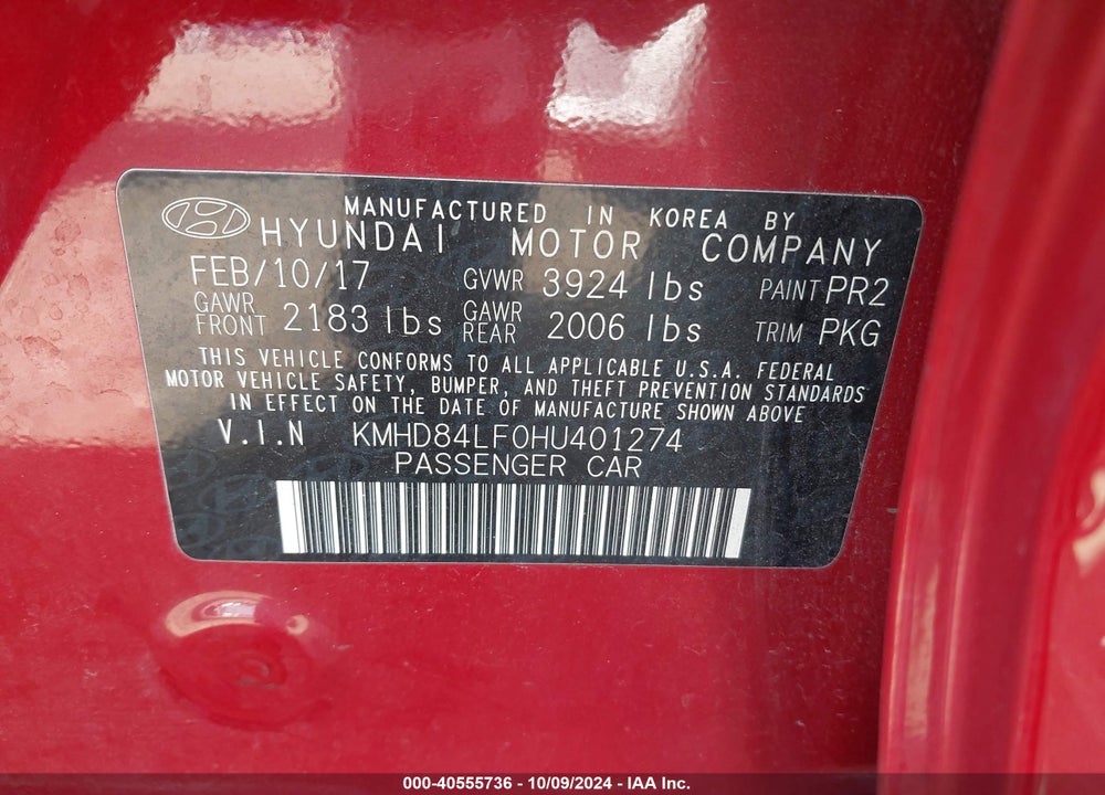2017 HYUNDAI ELANTRA SE VIN: KMHD84LF0HU401274