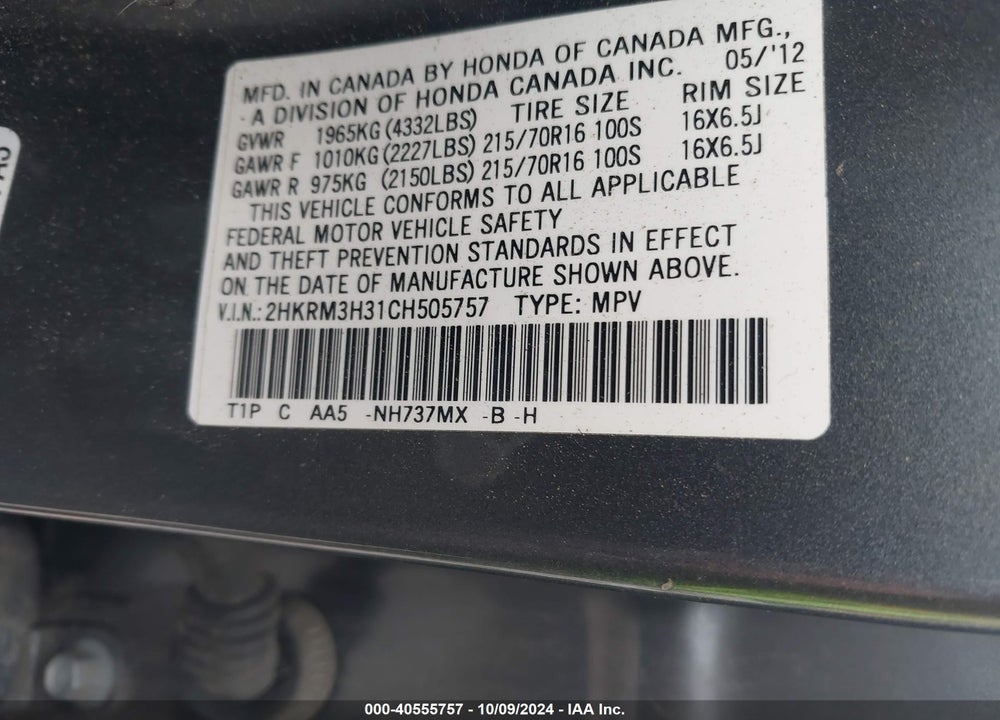 2012 HONDA CR-V LX VIN: 2HKRM3H31CH505757
