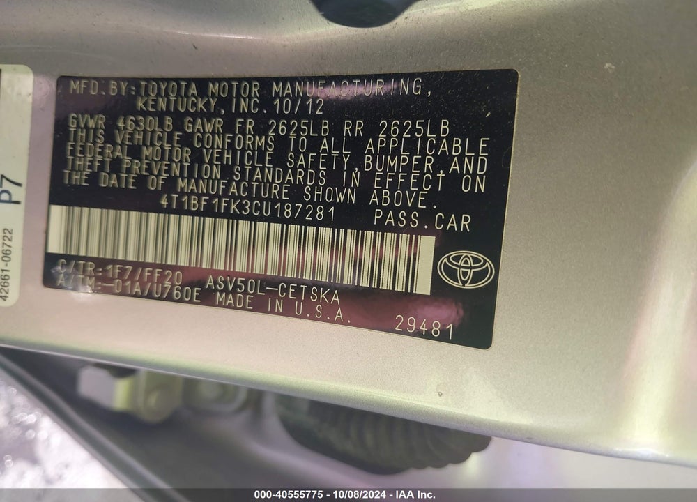 2012 TOYOTA CAMRY SE VIN: 4T1BF1FK3CU187281