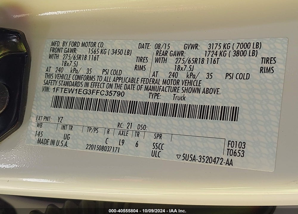 2015 FORD F-150 XLT VIN: 1FTEW1EG3FFC35790