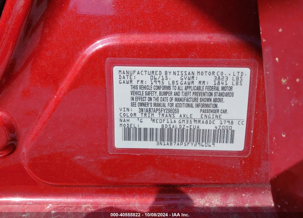 2015 NISSAN SENTRA SV VIN: 3N1AB7AP5FY296069