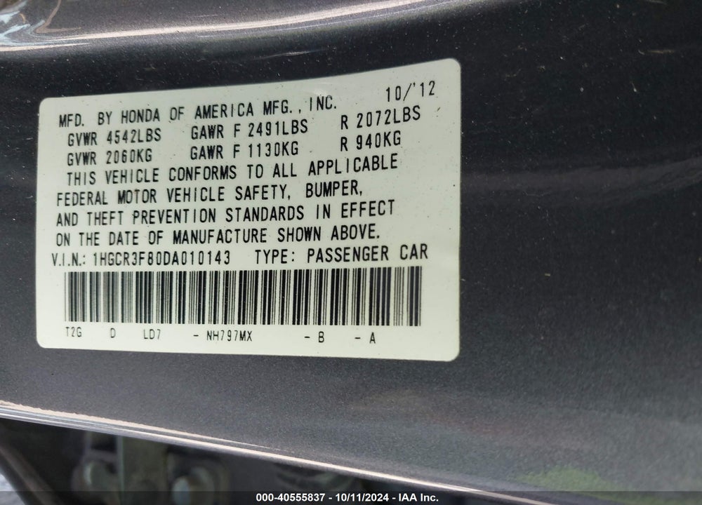 2013 HONDA ACCORD EX-L V-6 VIN: 1HGCR3F80DA010143