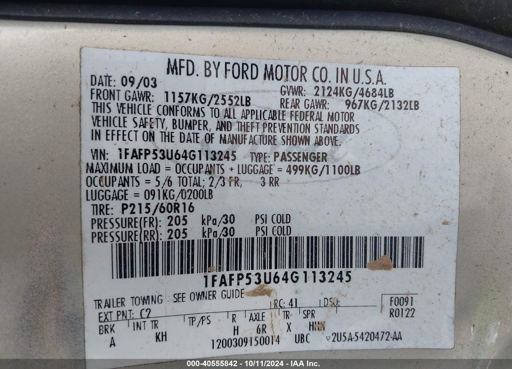 2004 FORD TAURUS SE VIN: 1FAFP53U64G113245