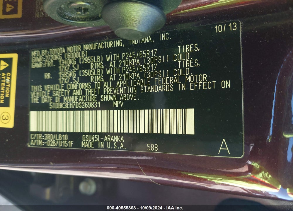 2013 TOYOTA HIGHLANDER SE V6 VIN: 5TDBK3EH7DS269831