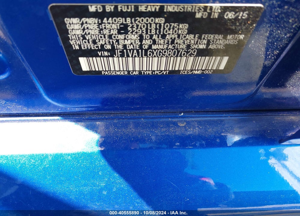 2016 SUBARU WRX LIMITED VIN: JF1VA1L6XG9807629