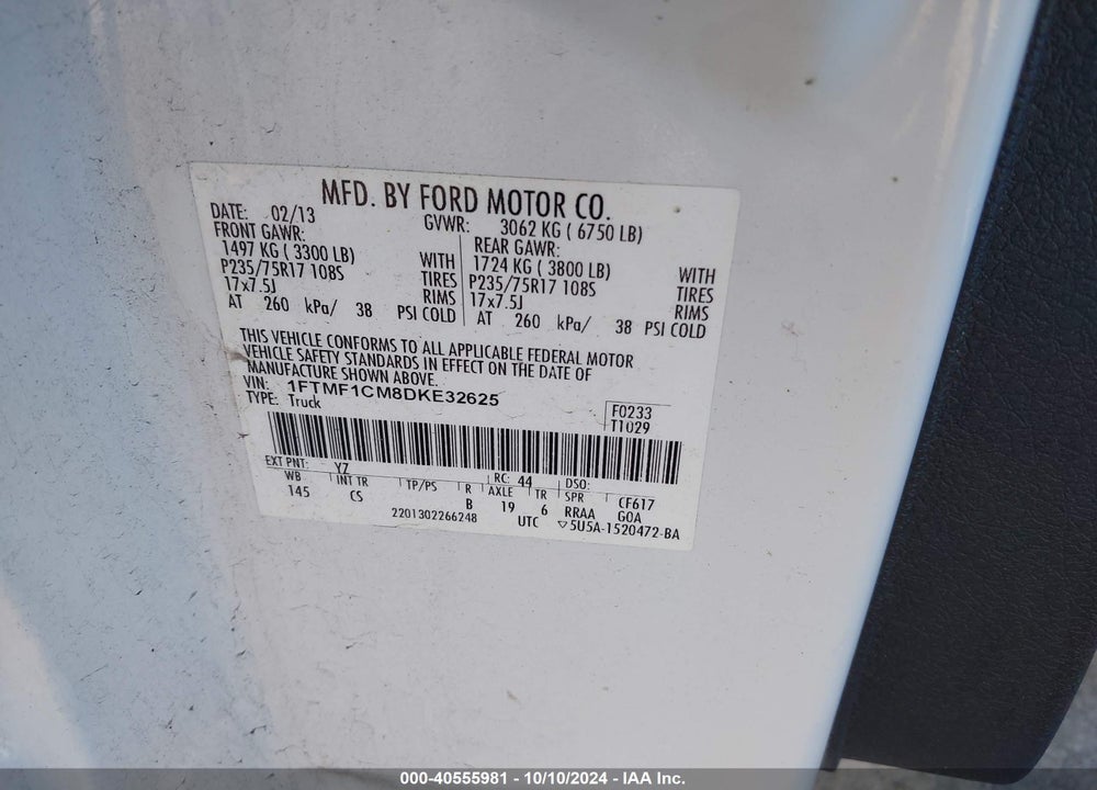 2013 FORD F-150 XL VIN: 1FTMF1CM8DKE32625