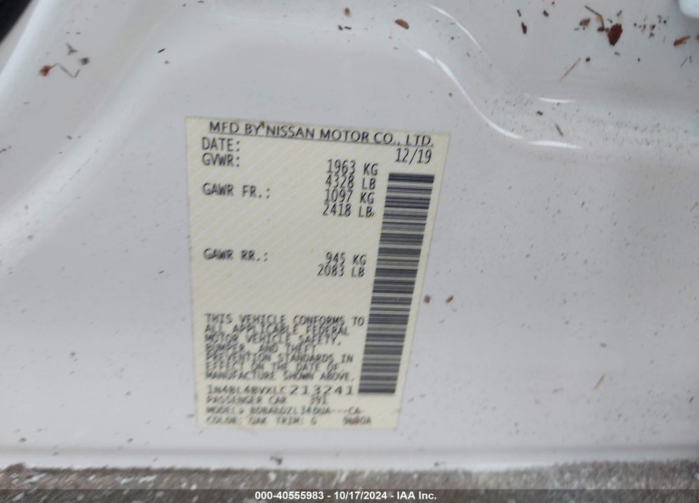 2020 NISSAN ALTIMA S FWD VIN: 1N4BL4BVXLC213241