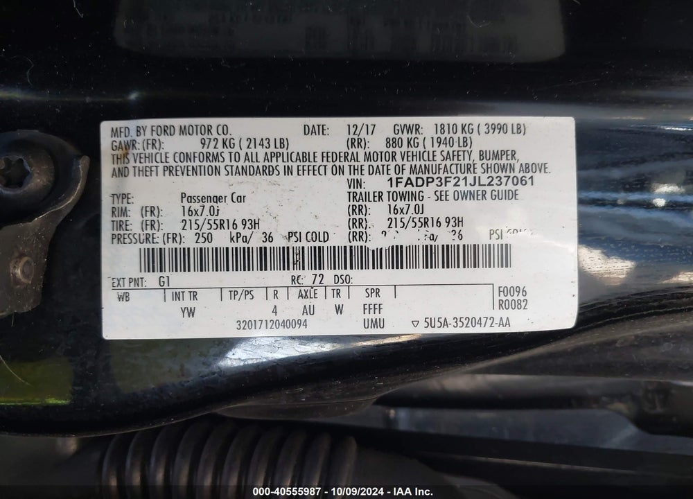 2018 FORD FOCUS SE VIN: 1FADP3F21JL237061