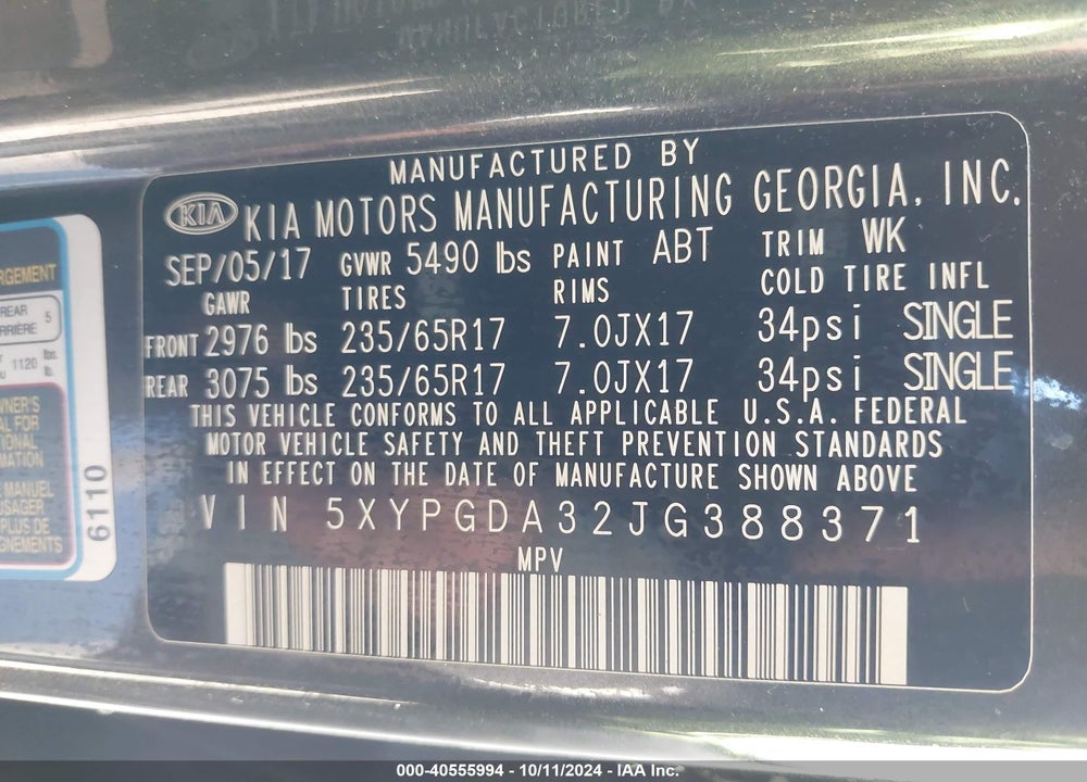 2018 KIA SORENTO 2.4L LX VIN: 5XYPGDA32JG388371
