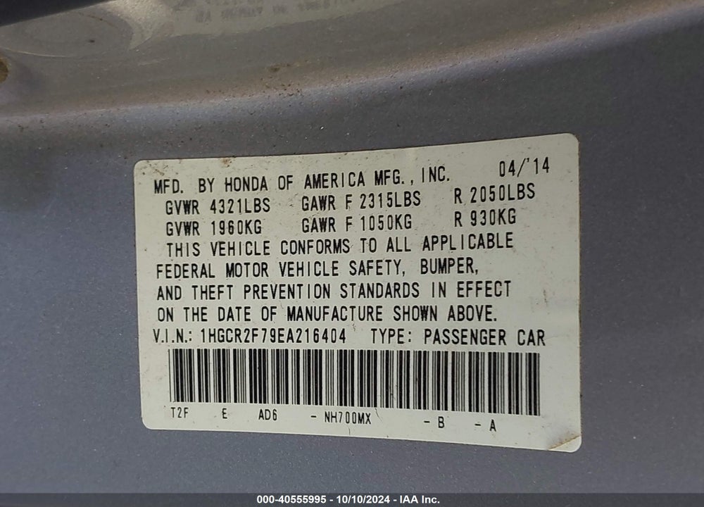 2014 HONDA ACCORD EX VIN: 1HGCR2F79EA216404