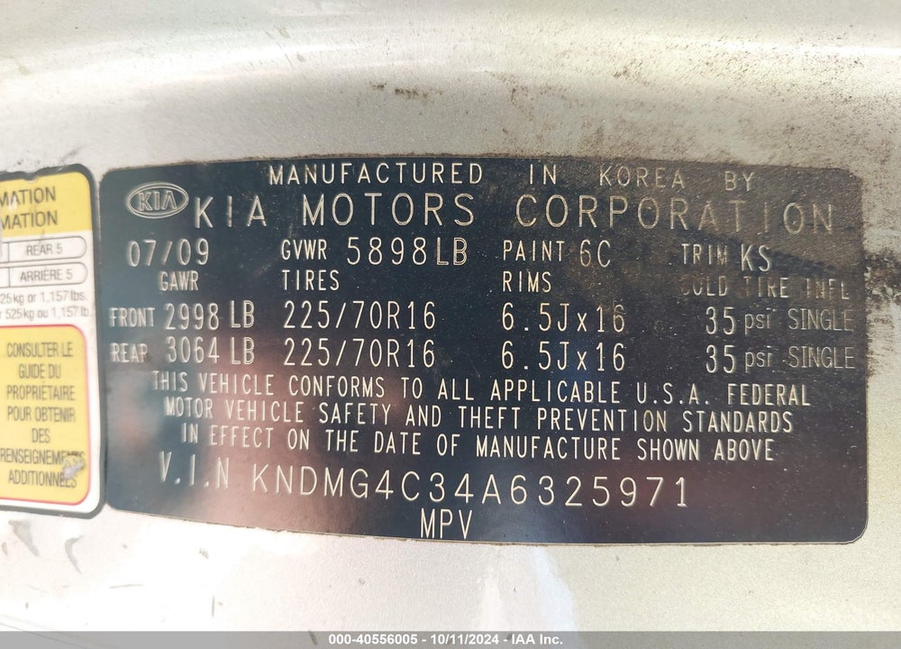 2010 KIA SEDONA VIN: KNDMG4C34A6325971