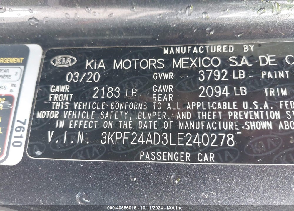 2020 KIA FORTE VIN: 3KPF24AD3LE240278