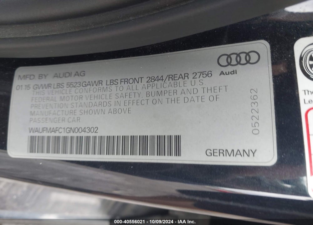 2016 AUDI A6 3.0 TDI PREMIUM PLUS VIN: WAUFMAFC1GN004302