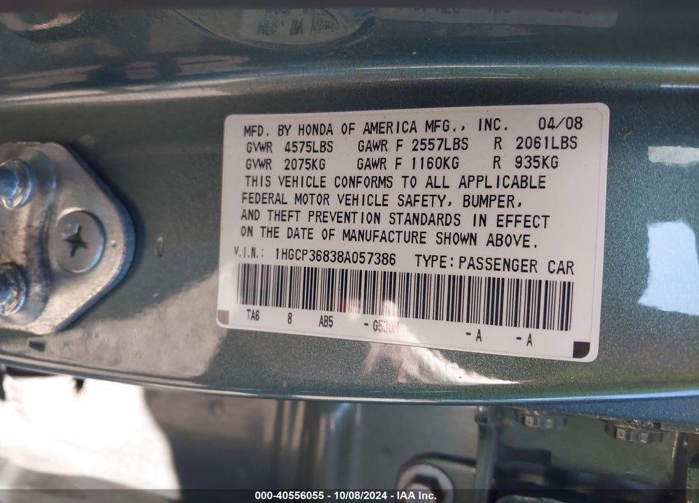 2008 HONDA ACCORD 3.5 EX-L VIN: 1HGCP36838A057386